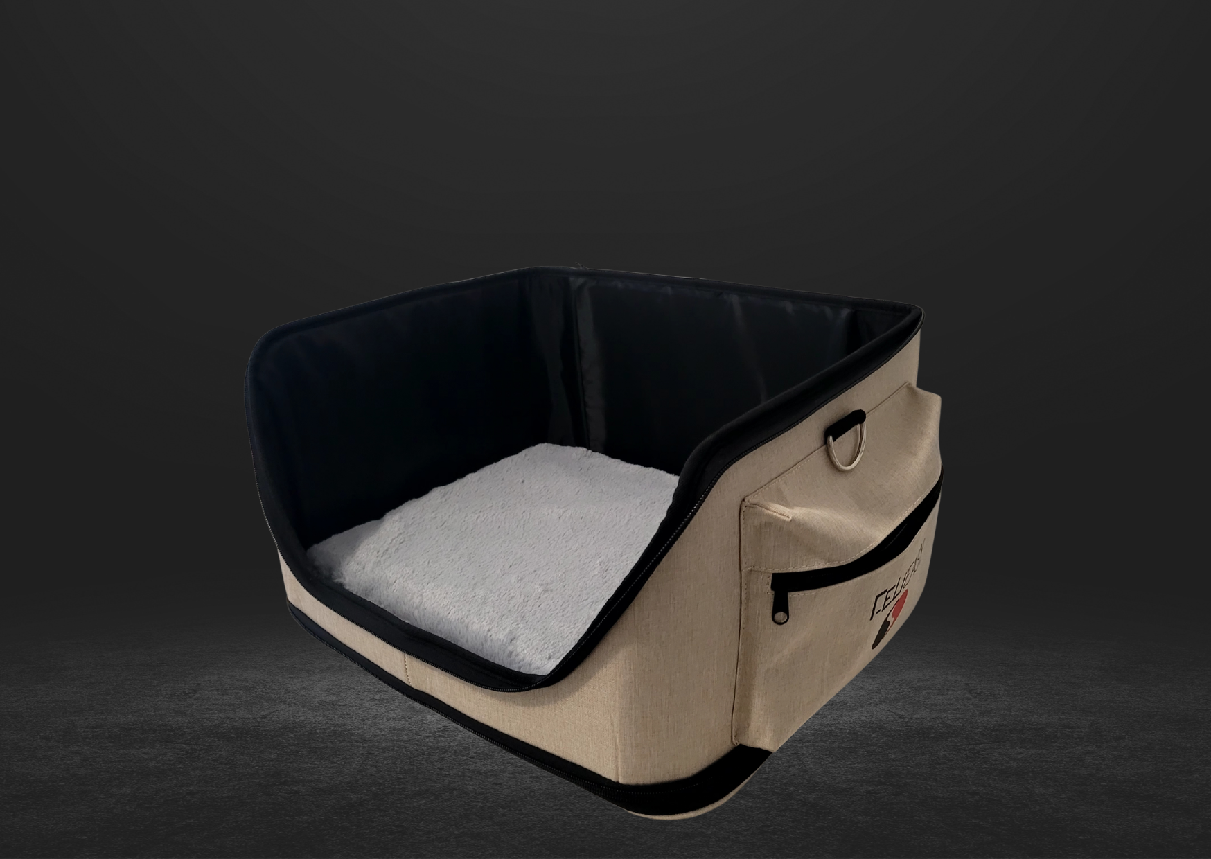 Panier orthopédique Feli’easy Evo Confort beige ouvert avec matelas moelleux et poche de rangement latérale pour chat.