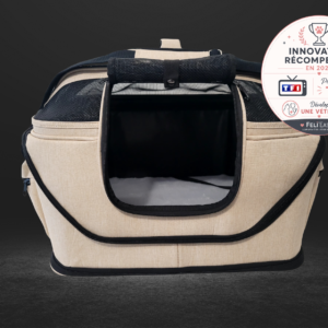 Sac de transport pour chat Feli’easy Evo Confort beige avec ouverture frontale et badge “Innovation récompensée 2026”, présenté sur TF1 et développé par une vétérinaire.
