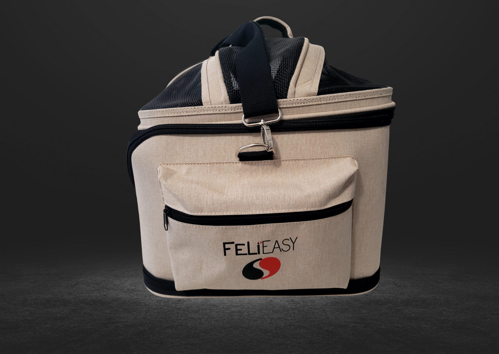 Vue latérale du sac de transport pour chat Feli’easy Evo Confort beige avec poche de rangement zippée et bandoulière de transport.