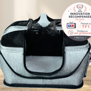 Feli’easy Evo Confort gris présenté en mode sac de transport ouvert avec badge “Innovation récompensée 2026”, vu sur TF1 et développé par une vétérinaire.