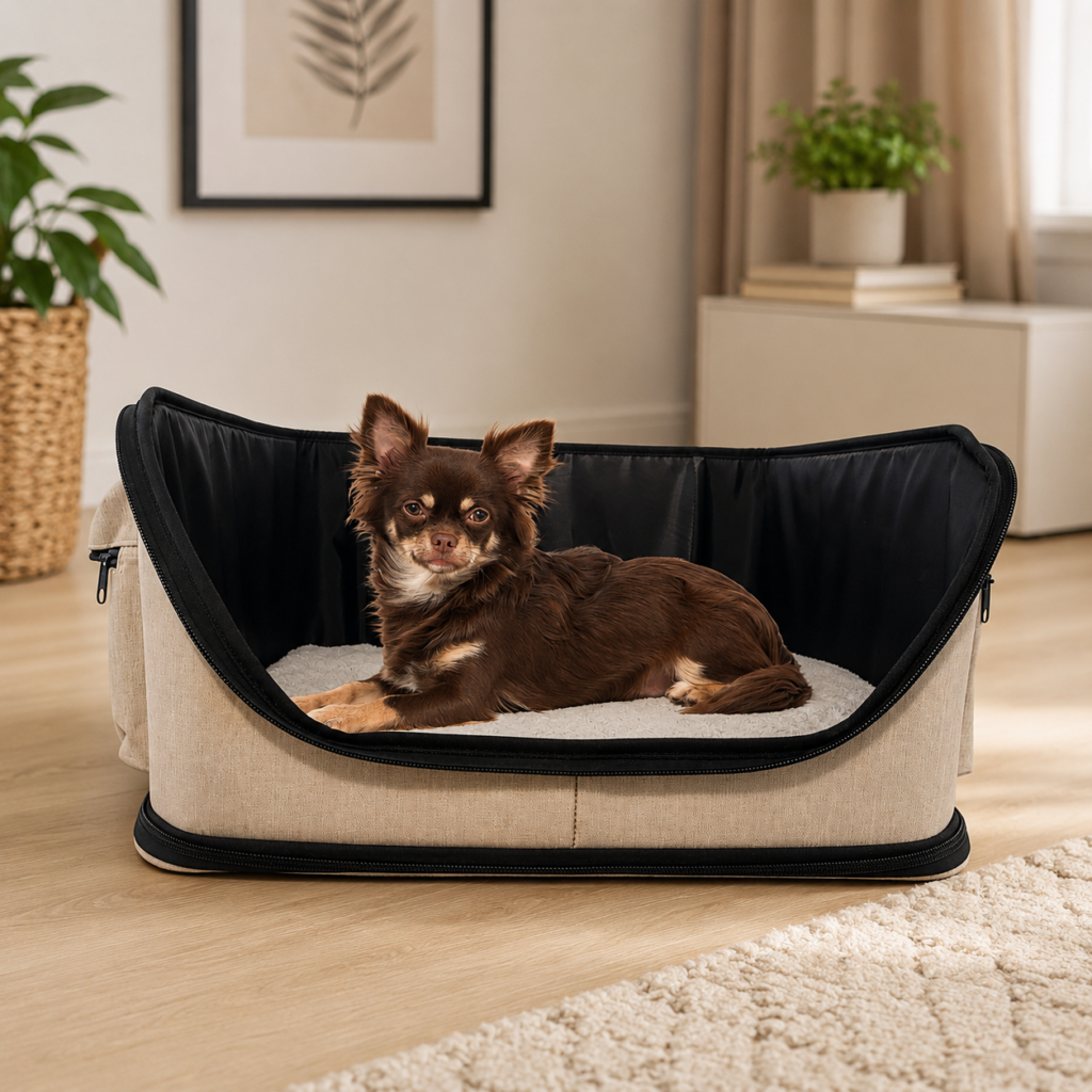 Petit chien installé dans le panier de couchage Evo Confort pour petit chien